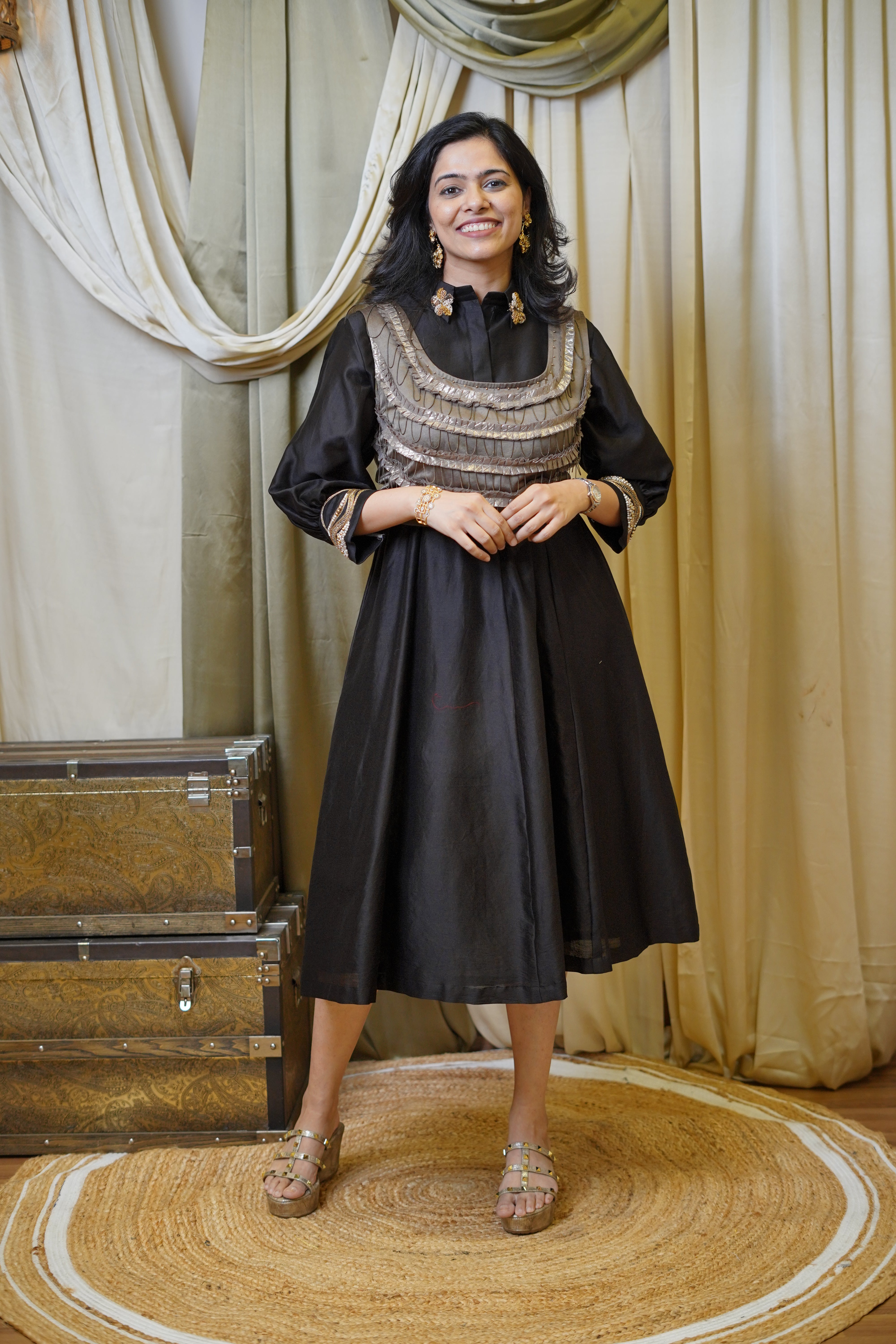 ORNATE BLACK MIDI DRESS