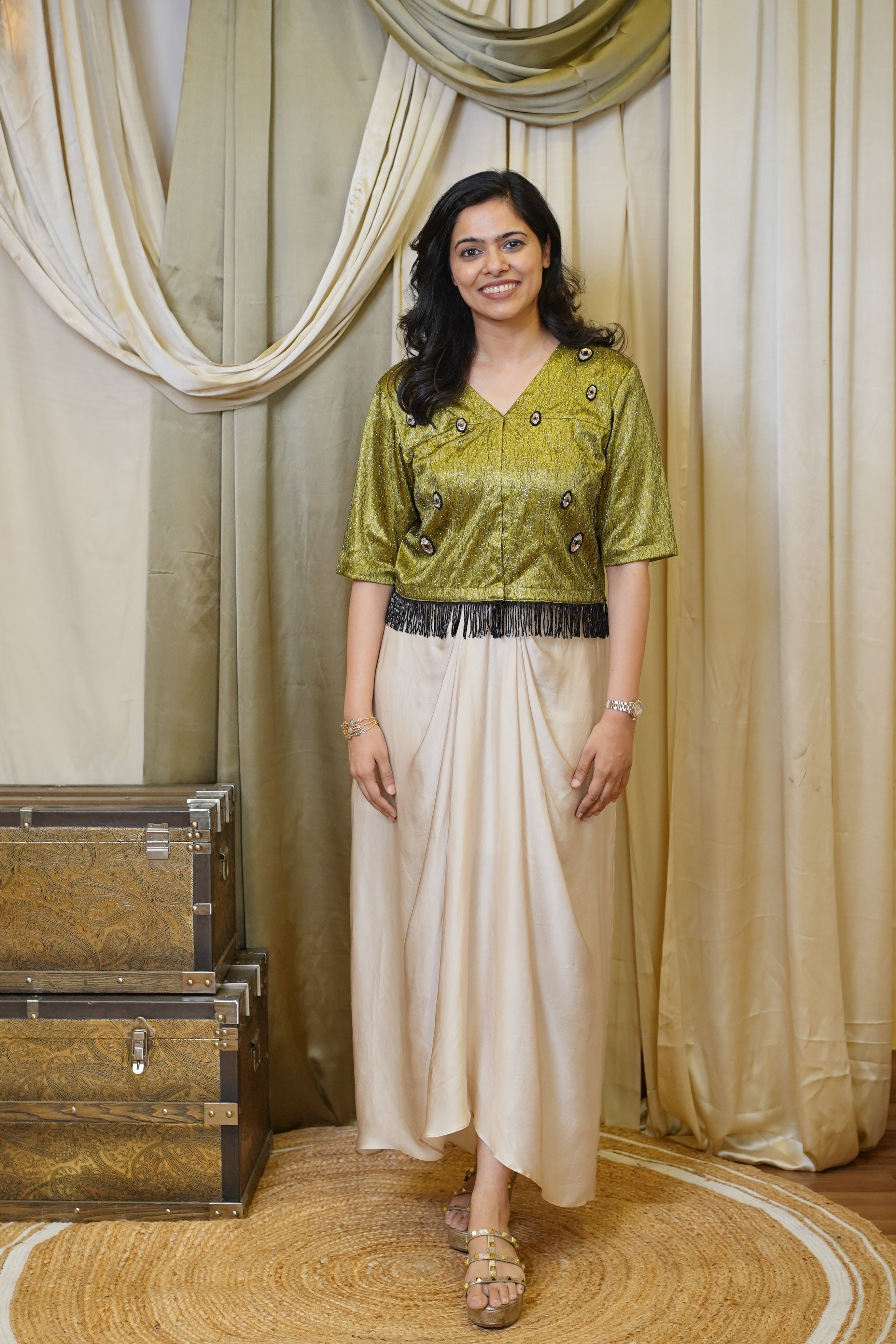 OLIVE SHIMMERY TOP & JACKET SET