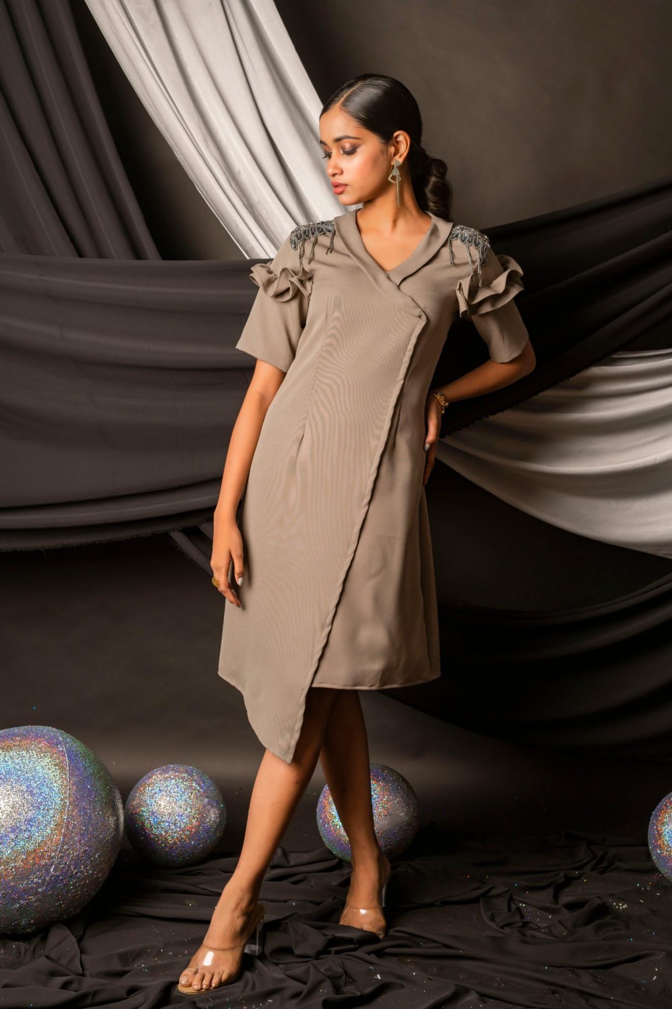 BEIGE SLANTED LAPEL DRESS