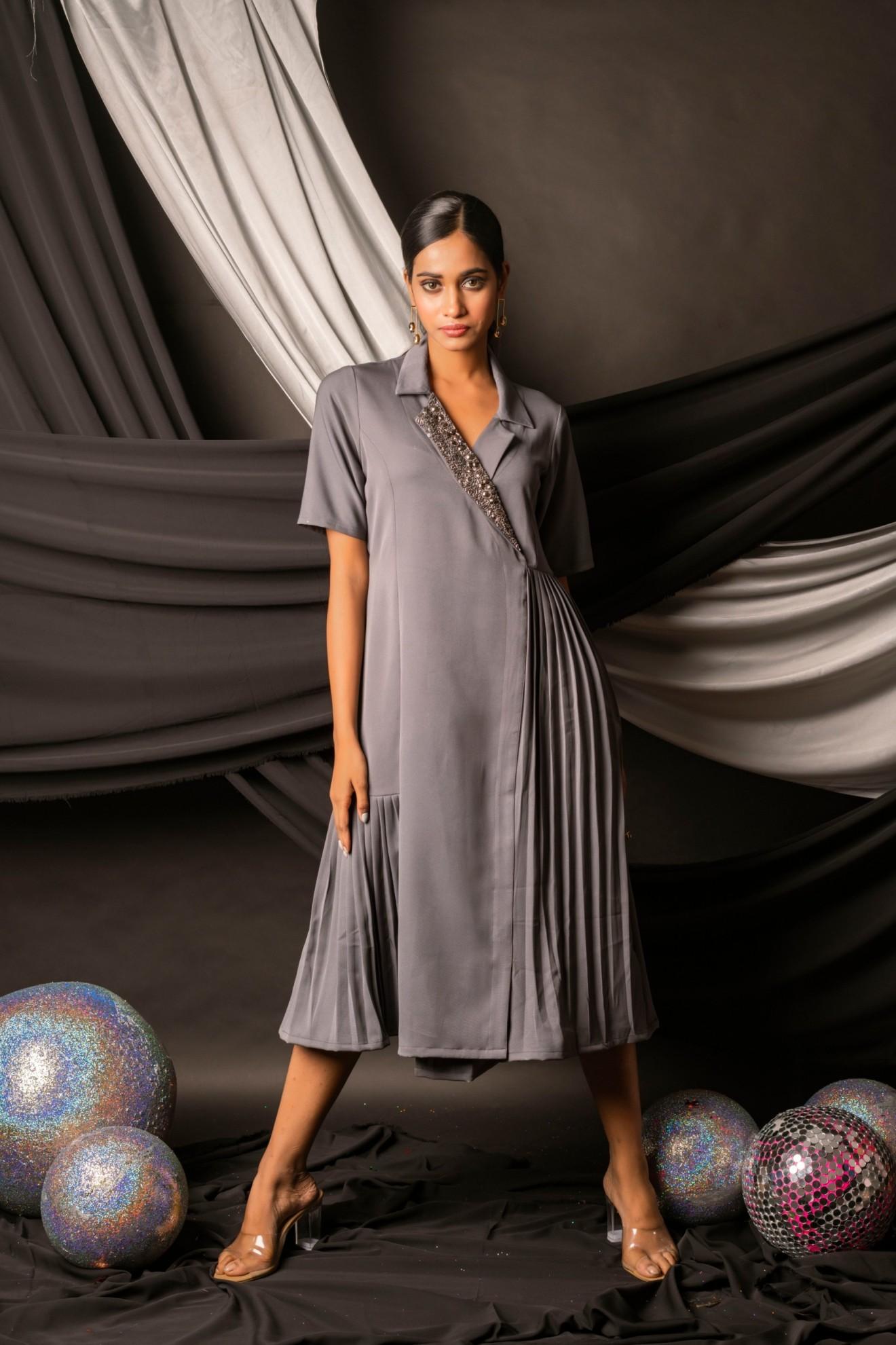 GREY PLEATED DRESS