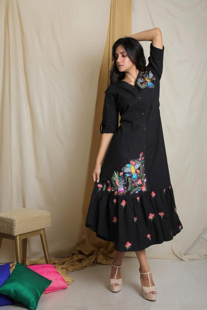 BLACK BIRD FRILL DRESS