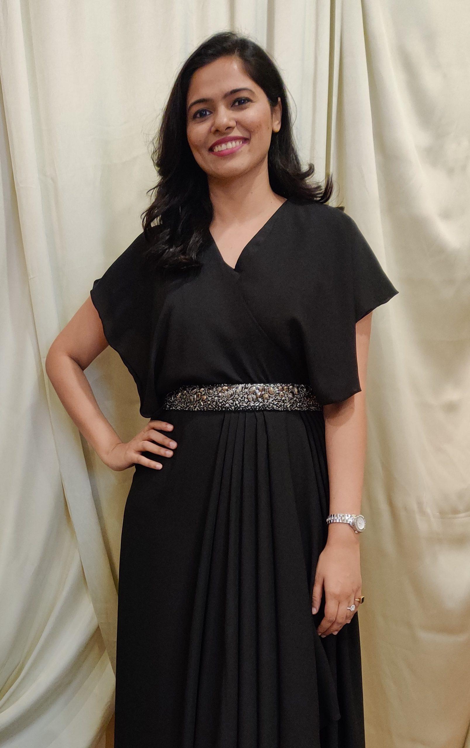 ASSYMTERIC PLEATED BLACK GOWN WITH BELT