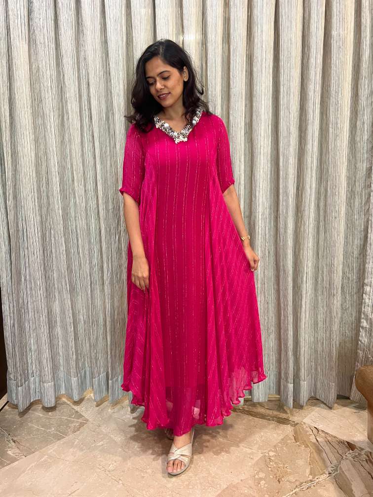 Embroidered V Neck Fuschia Pink Flowy Maxi