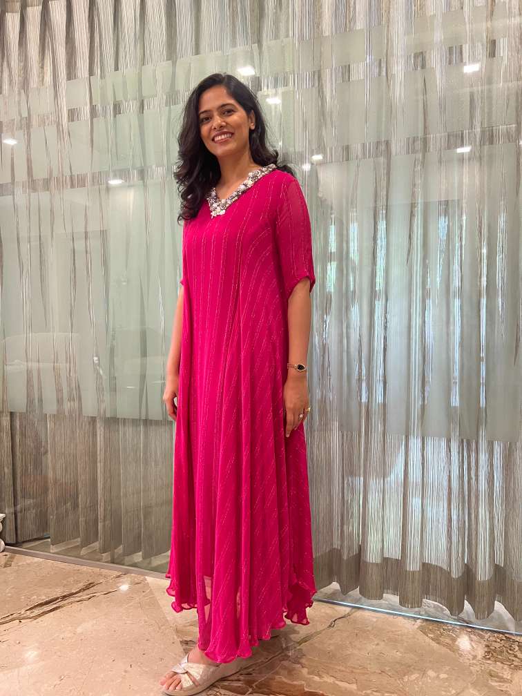 Embroidered V Neck Fuschia Pink Flowy Maxi