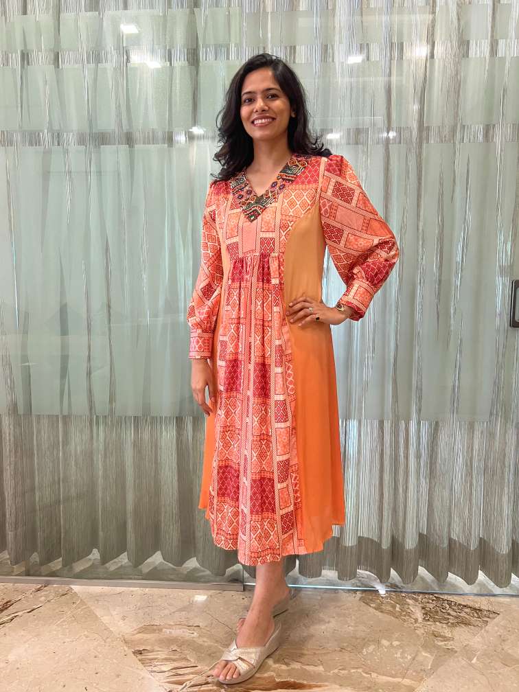 Coral Print Ombre Pleated Dress