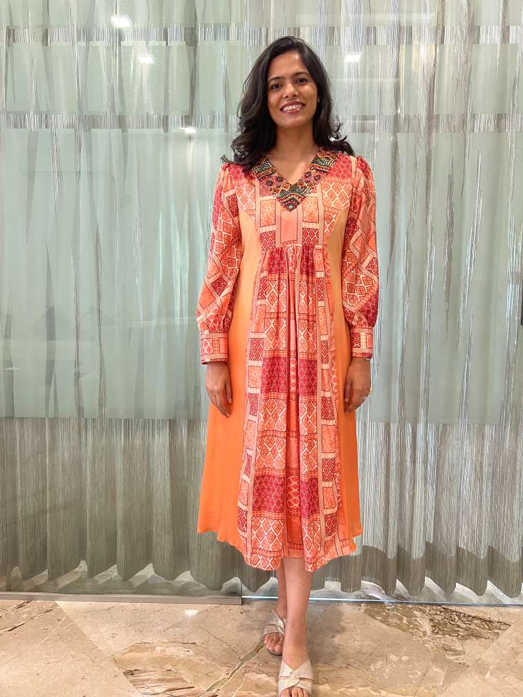 Coral Print Ombre Pleated Dress