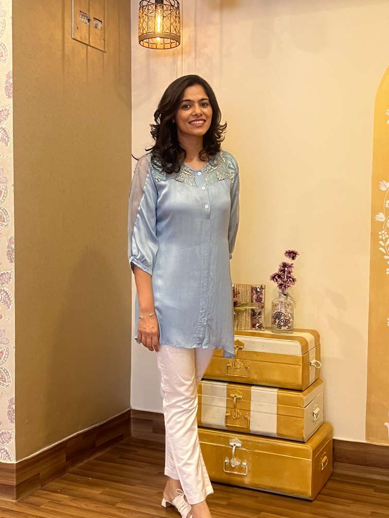 Powder Blue Embellished Satin Co-ord Set