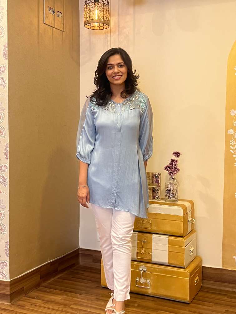 Powder Blue Embellished Satin Co-ord Set