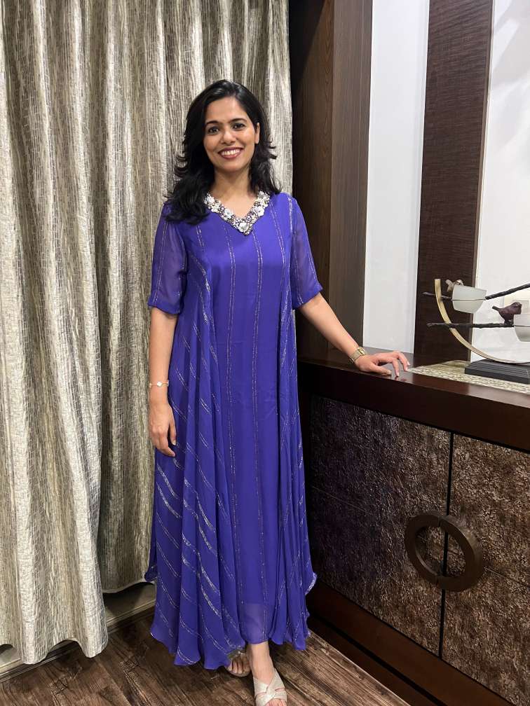 Embroidered V Neck Violet Flowy Maxi