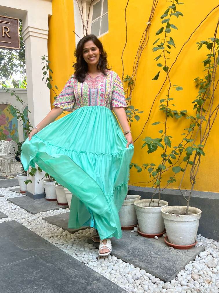 Printed Cyan Ruffle Dress