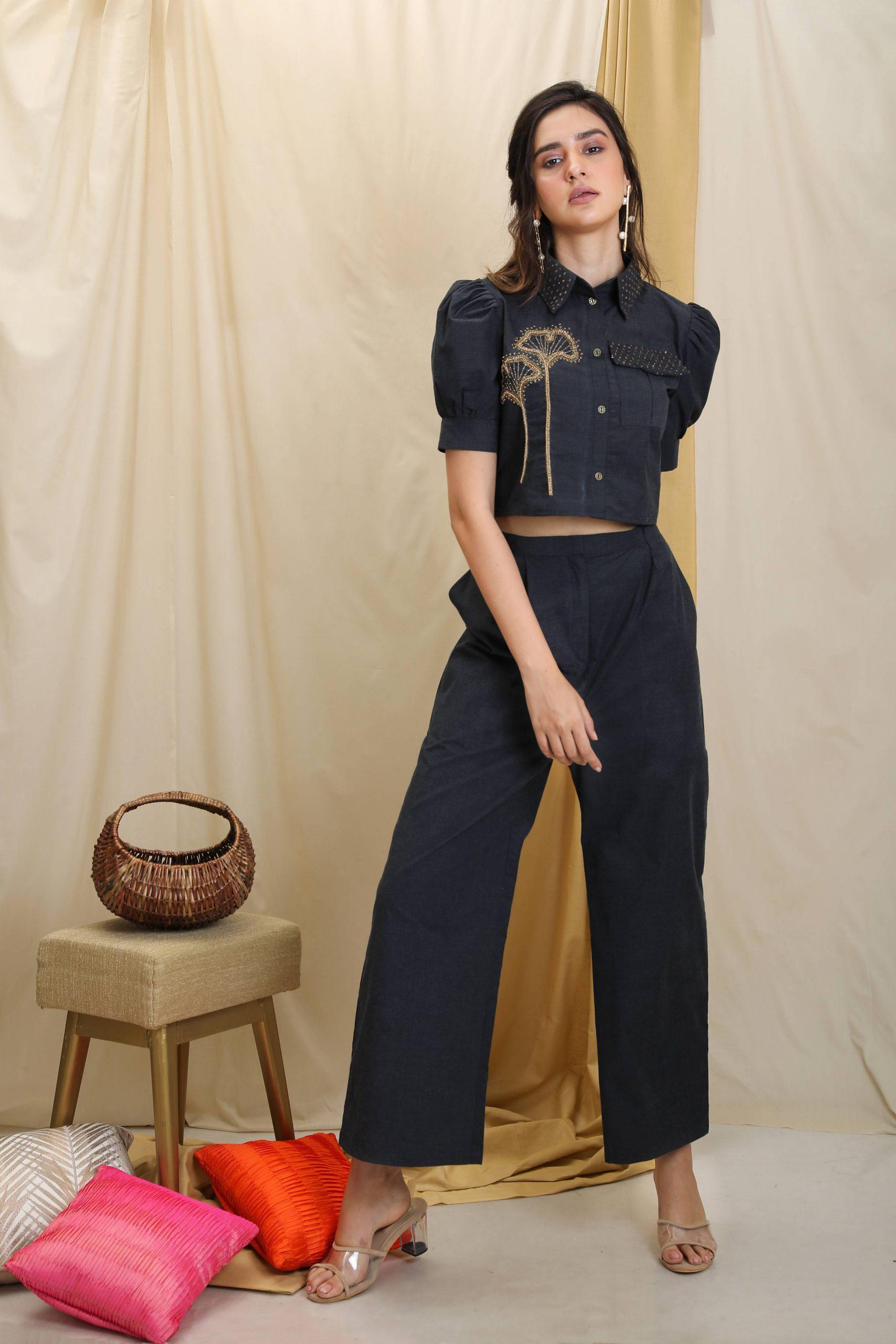 PRIZO Black Crop Top With Trousers